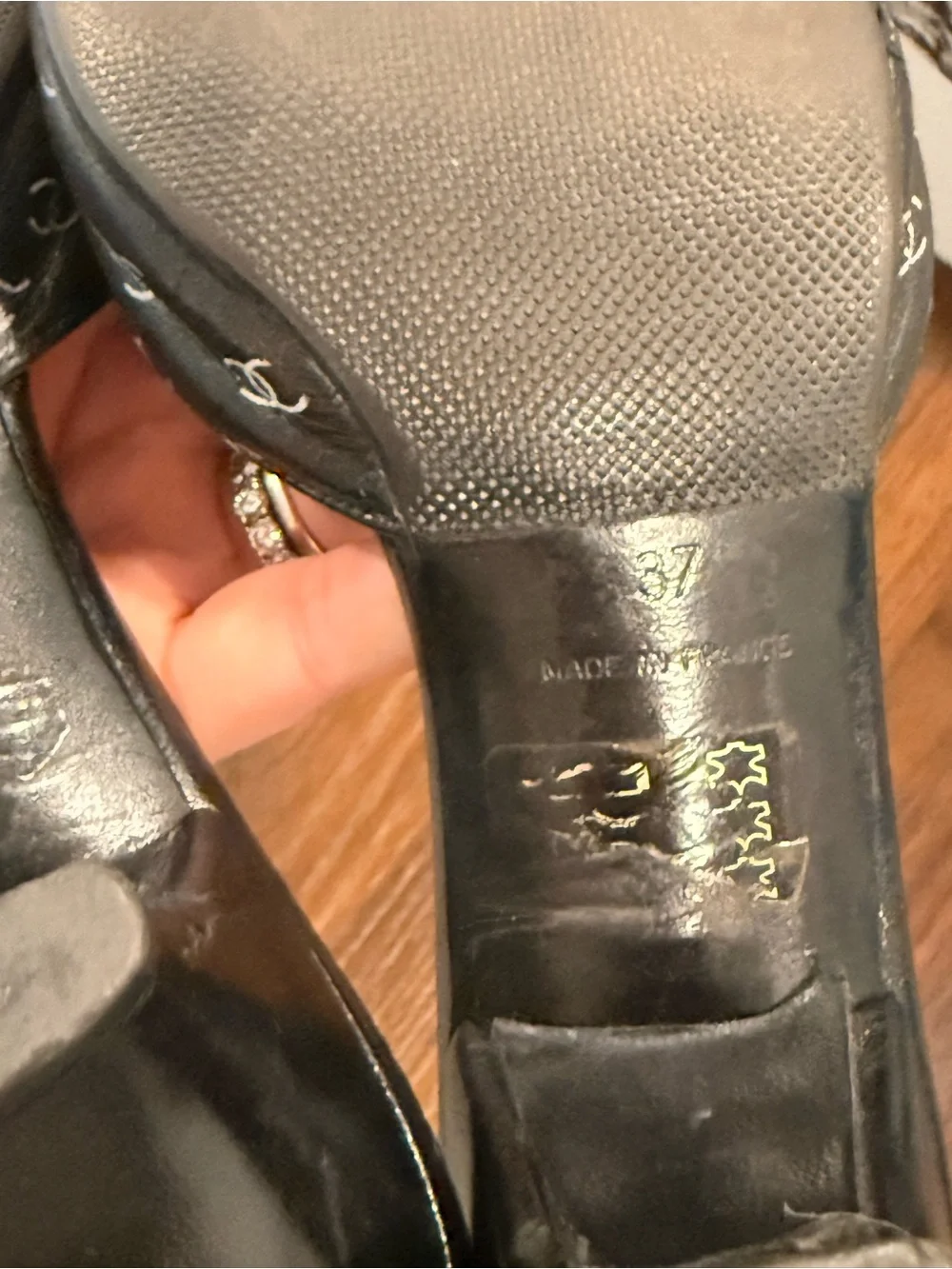 VINTAGE CHANEL Black Logo-Print Leather Mule Heels